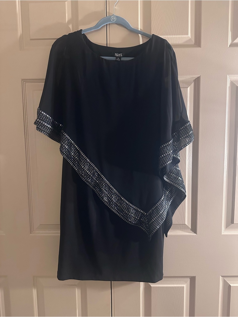 SLNY Black One-Shoulder Dress with Silver Beaded Trim